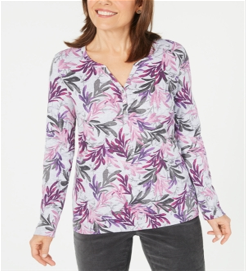 Karen Scott Women's Printed Split Neck Top Purple Grey Size Small