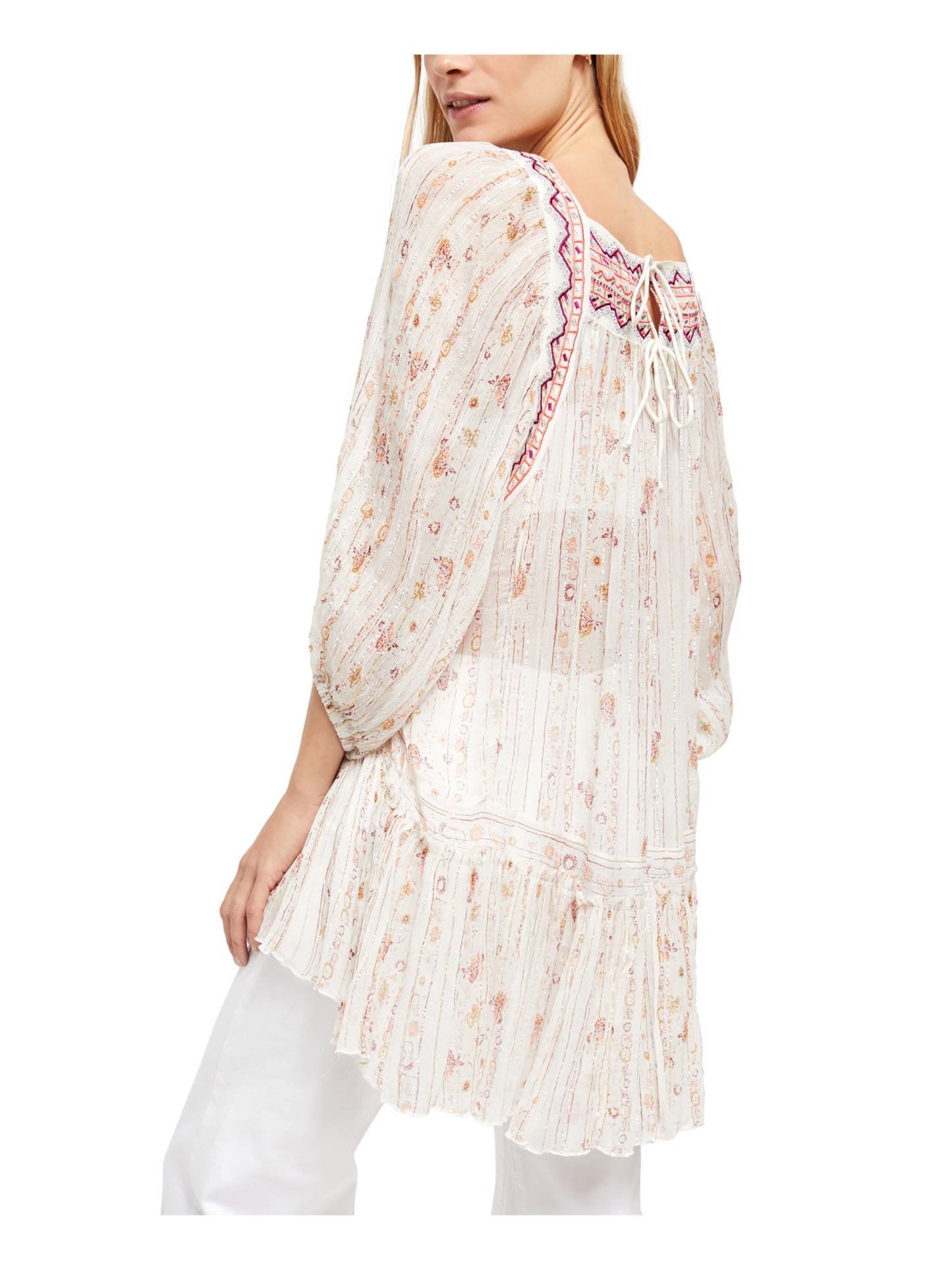 Free People Women's Printed Long Sleeve Jewel Neck Top White Size Medium