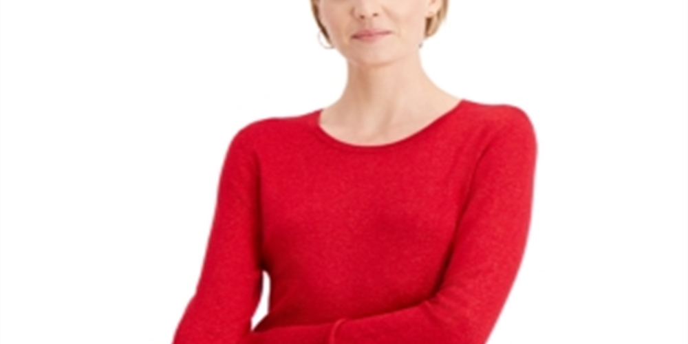 JM Collection Women's Metallic Round Neck Stud Cuff Sweater Red Size Small