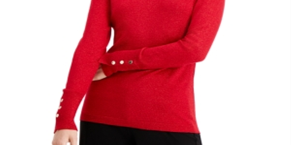JM Collection Women's Metallic Round Neck Stud Cuff Sweater Red Size Small