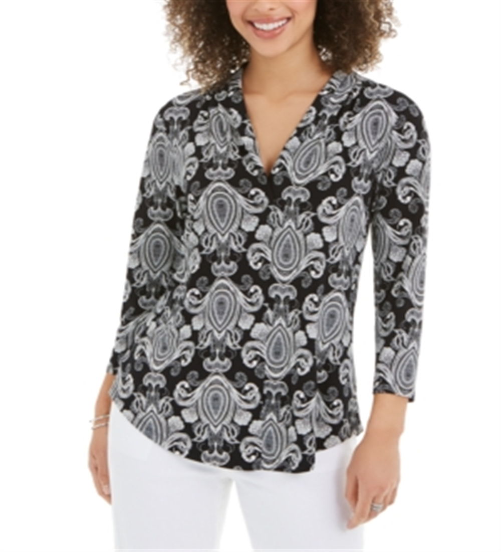 Charter Club Women's Printed V Neck Top Black Size Small