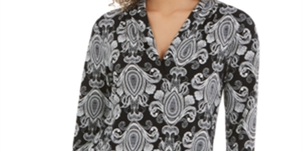 Charter Club Women's Printed V Neck Top Black Size Small