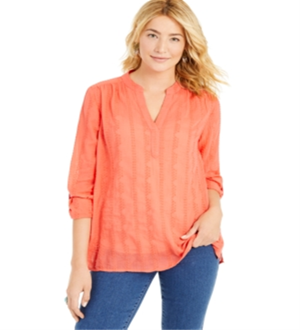 Style & Co Women's Textured V Neck Top Orange Size Large