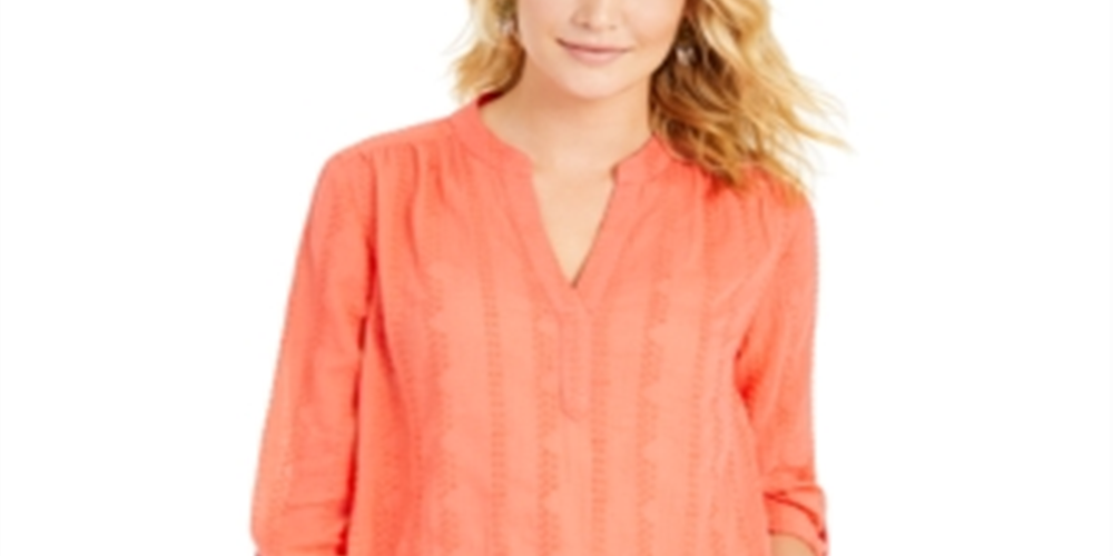 Style & Co Women's Textured V Neck Top Orange Size Large