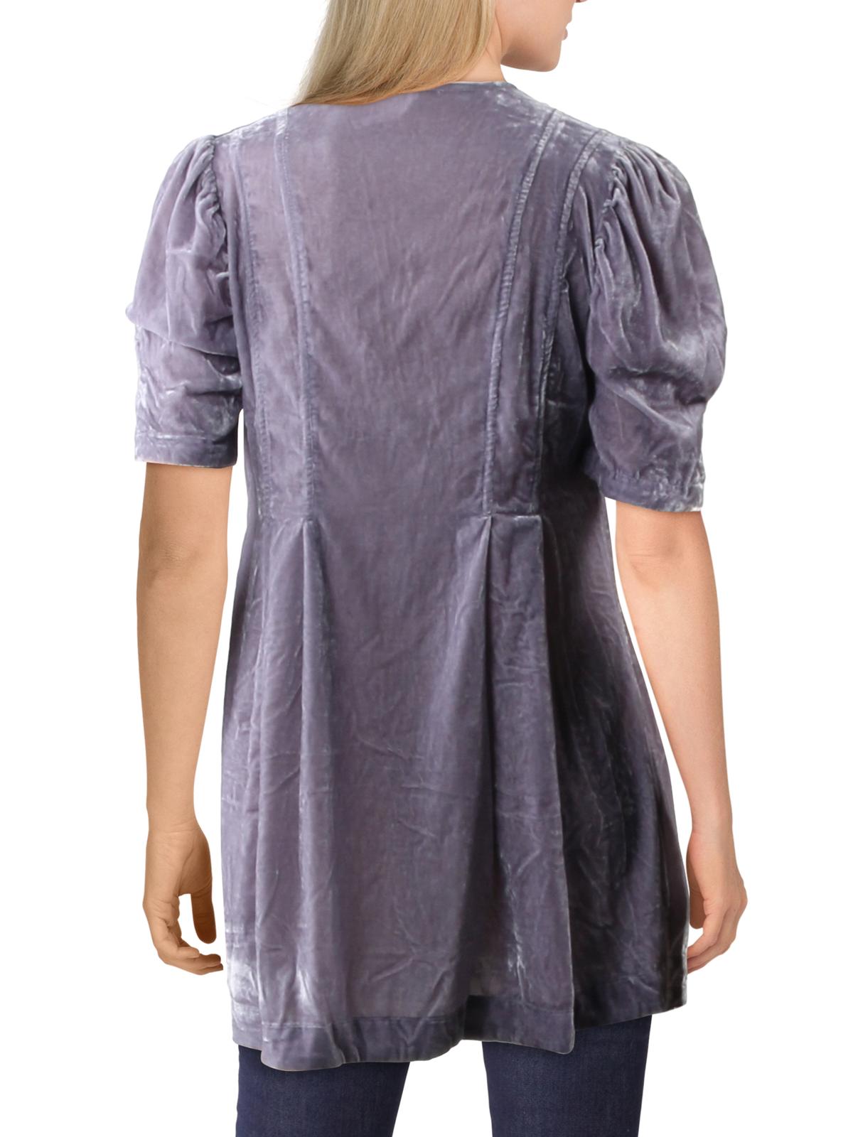 Free People Women's Adelle Velvet Puff Sleeve Deep V Neck Tie Front Tunic Top Purple Size Medium