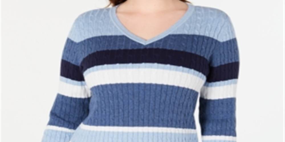Karen Scott Women's Cotton Striped Cable Knit Sweater Blue Combo Size Petite S/M