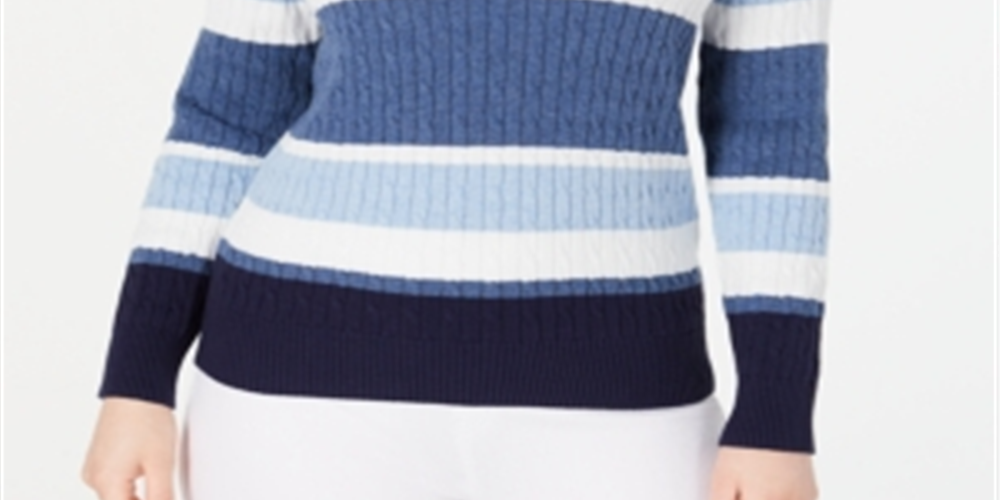 Karen Scott Women's Cotton Striped Cable Knit Sweater Blue Combo Size Petite S/M