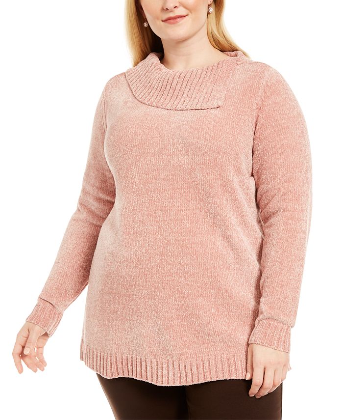 Karen Scott Women's Chenille Split Neck Pullover Pink Size 1X
