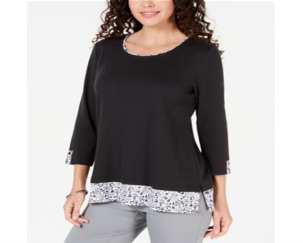 Karen Scott Women's Printed Trim Top Black Size -Petite XL