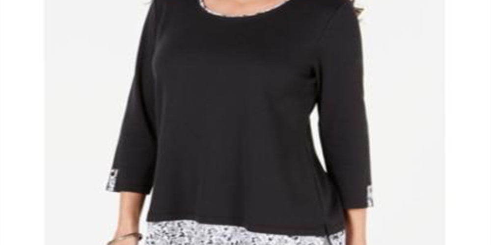 Karen Scott Women's Printed Trim Top Black Size -Petite XL