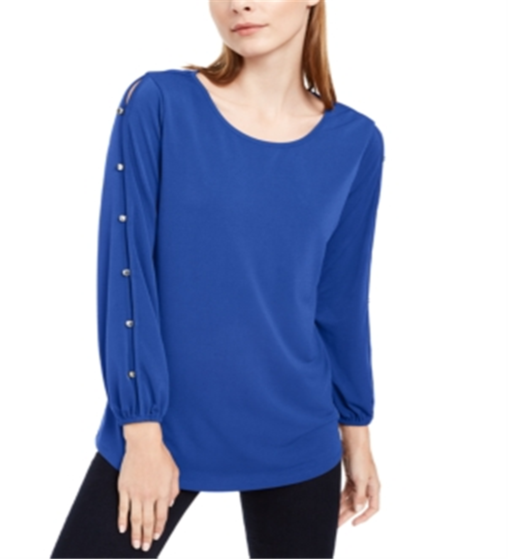 NY Collection Women's Split Sleeve Top Blue Size Petite Medium