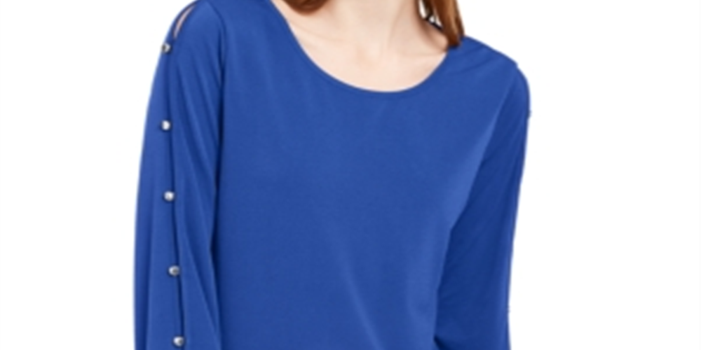 NY Collection Women's Split Sleeve Top Blue Size Petite Medium