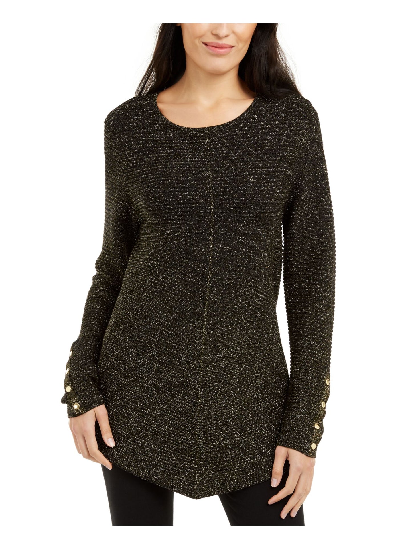 Alfani Women's Pinstripe Cuffed Jewel Neck Top Black Size Petite Large