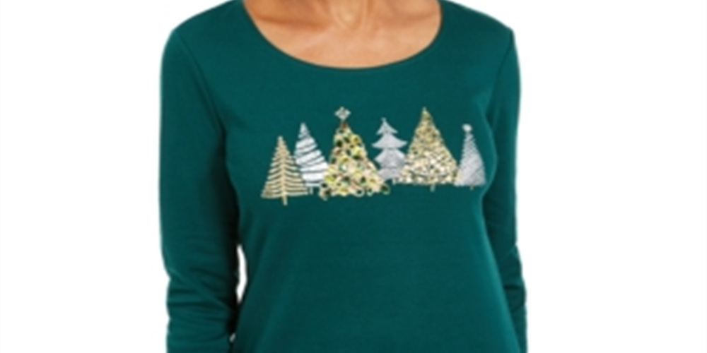 Karen Scott Women's Christmas Long Sleeve Shirt Green Size Petite Medium