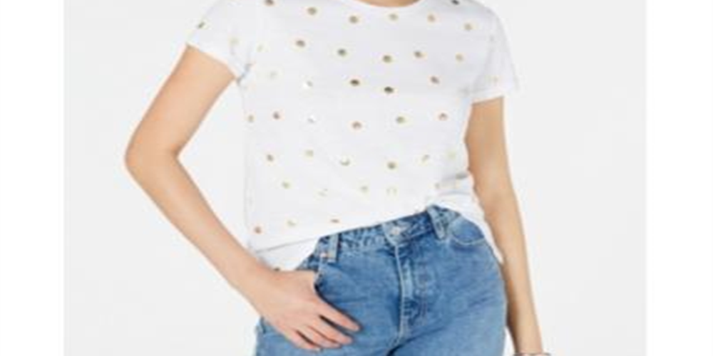 Maison Jules Women's Metallic Polka Dot T-Shirt White Size Medium