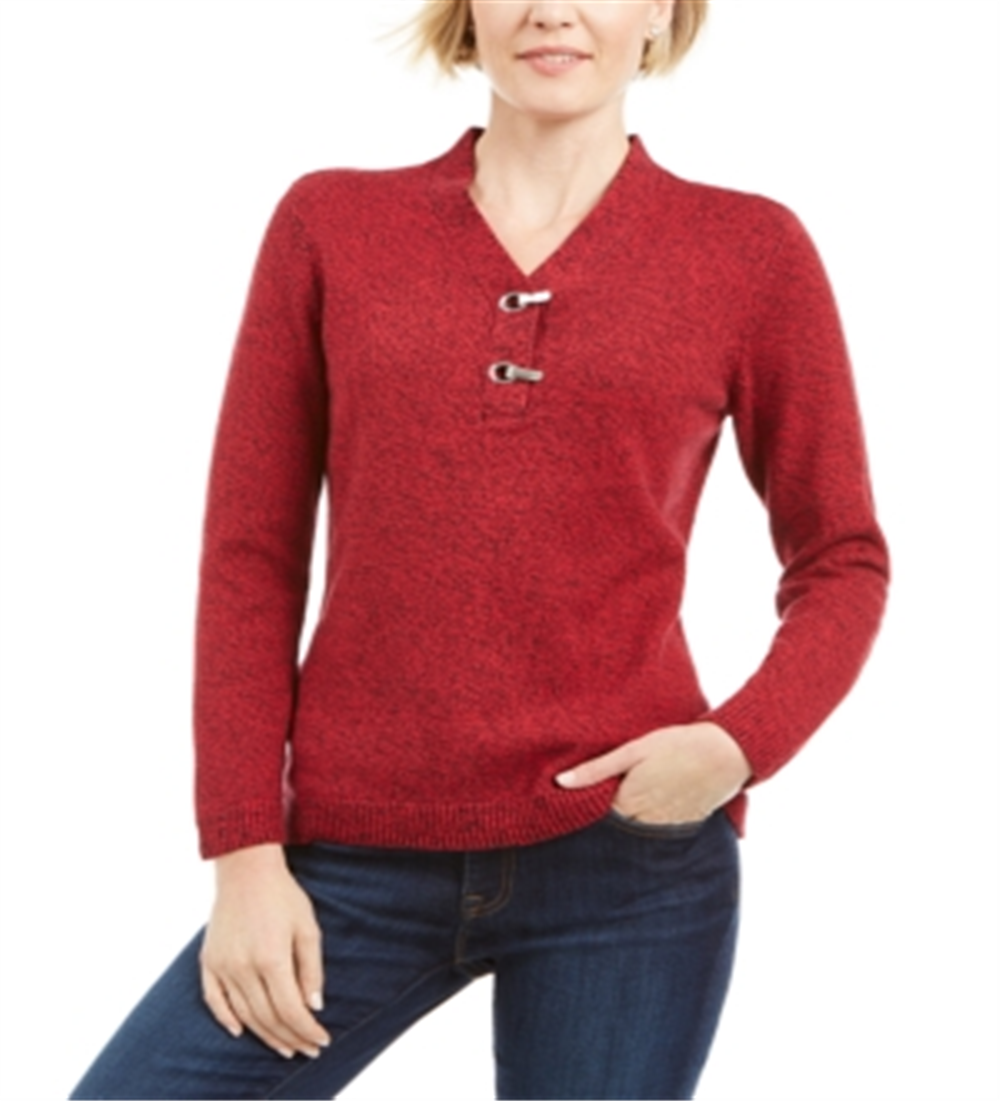 Karen Scott Women's Cotton Marled Henley Sweater Red Size X-Small