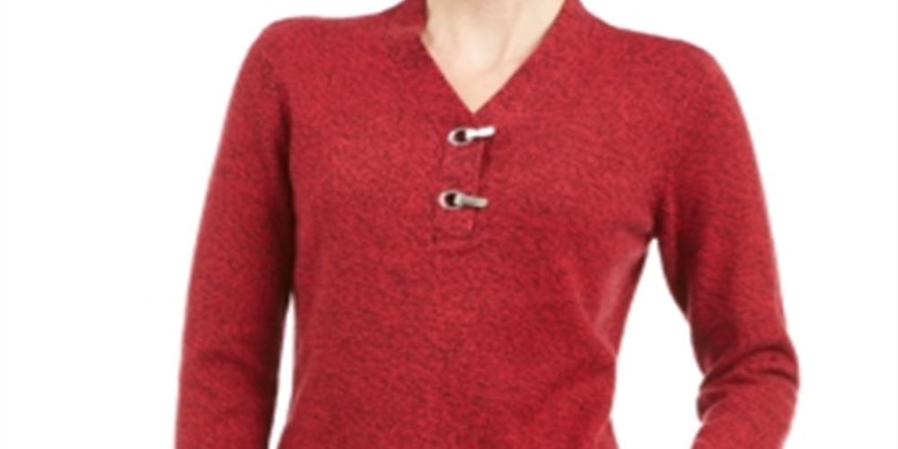 Karen Scott Women's Cotton Marled Henley Sweater Red Size X-Small