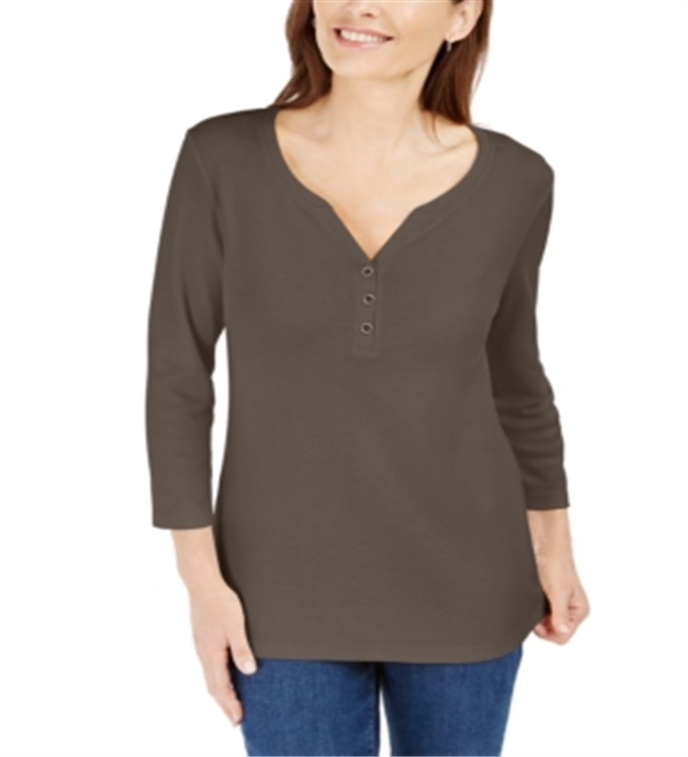 Karen Scott Women's 3/4 Sleeve Henley Shirt Brown Size X-Small