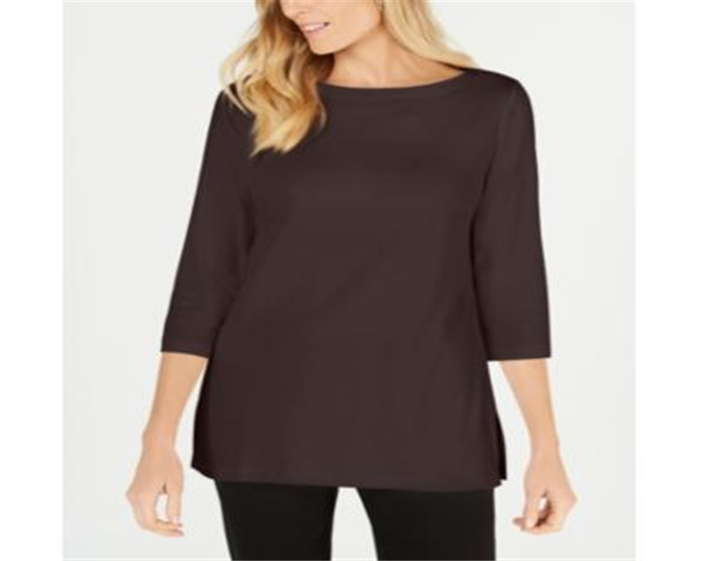 Karen Scott Women's Cotton Boat Neck 3/4 Sleeve Knit Top Brown Size Small