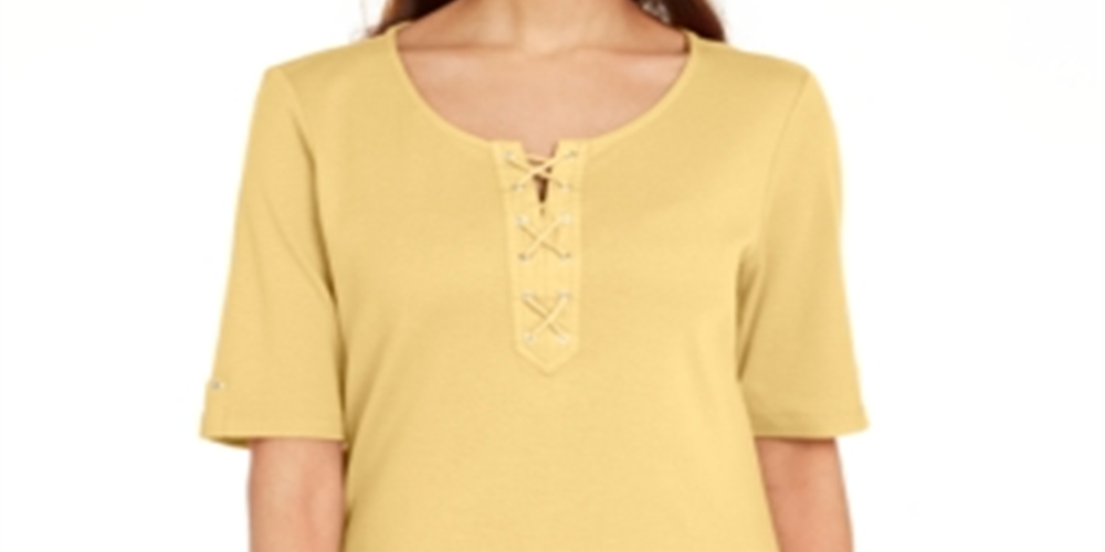 Karen Scott Women's Cotton Lace up Elbow Sleeve Top  Yellow Size Small