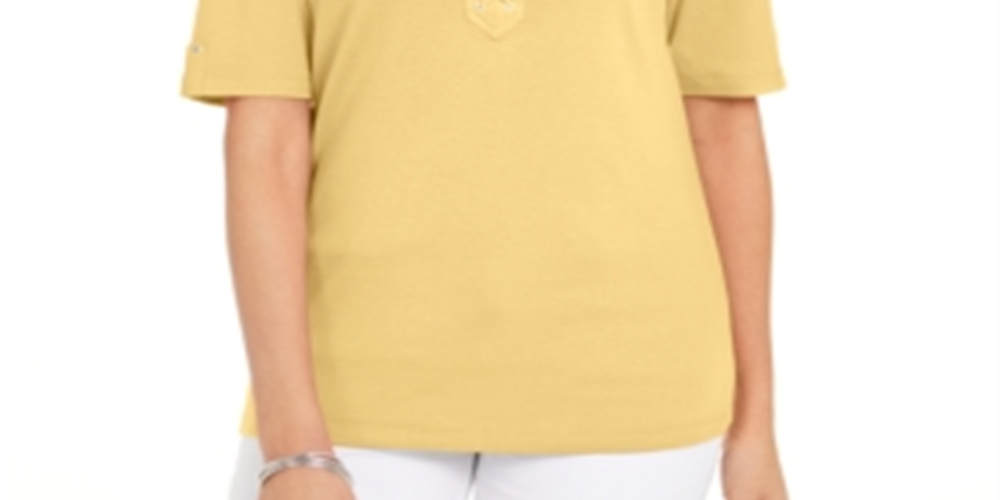 Karen Scott Women's Cotton Lace up Elbow Sleeve Top  Yellow Size Small