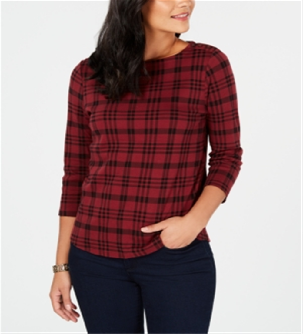 Charter Club Women's Pima Cotton Button Shoulder Print Top Red Size Medium