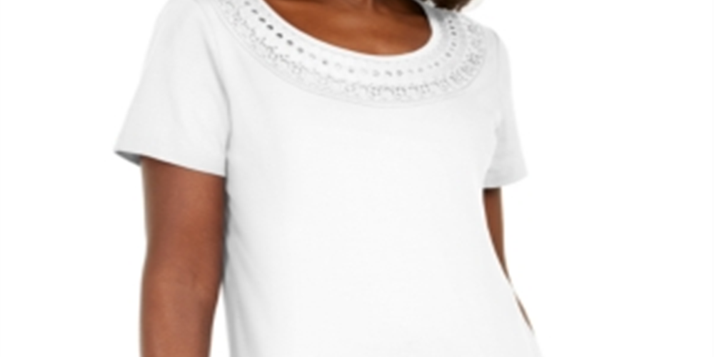 Karen Scott Women's Cotton Crochet Trim T-Shirt White Size X-Small