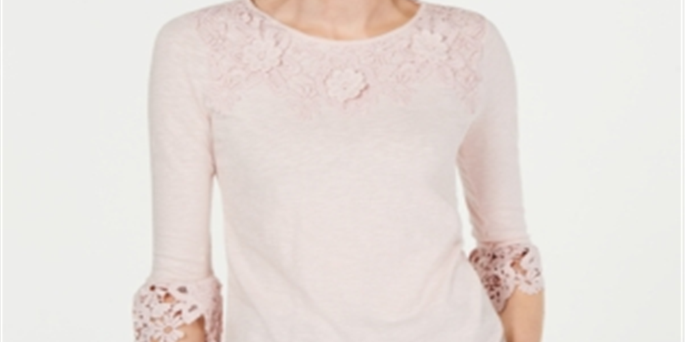 Charter Club Women's Bell Sleeve Embroidered Top Pink Size Petite Medium