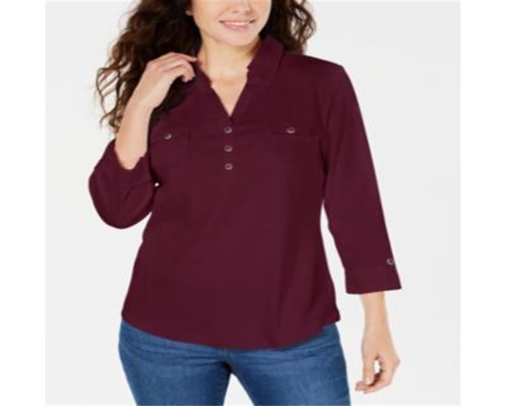 Karen Scott Women's Cotton Johnny Collar Utility Shirt Red Size XX-Large