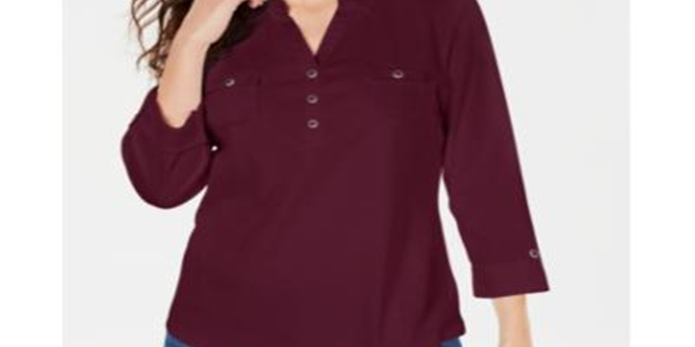 Karen Scott Women's Cotton Johnny Collar Utility Shirt Red Size XX-Large