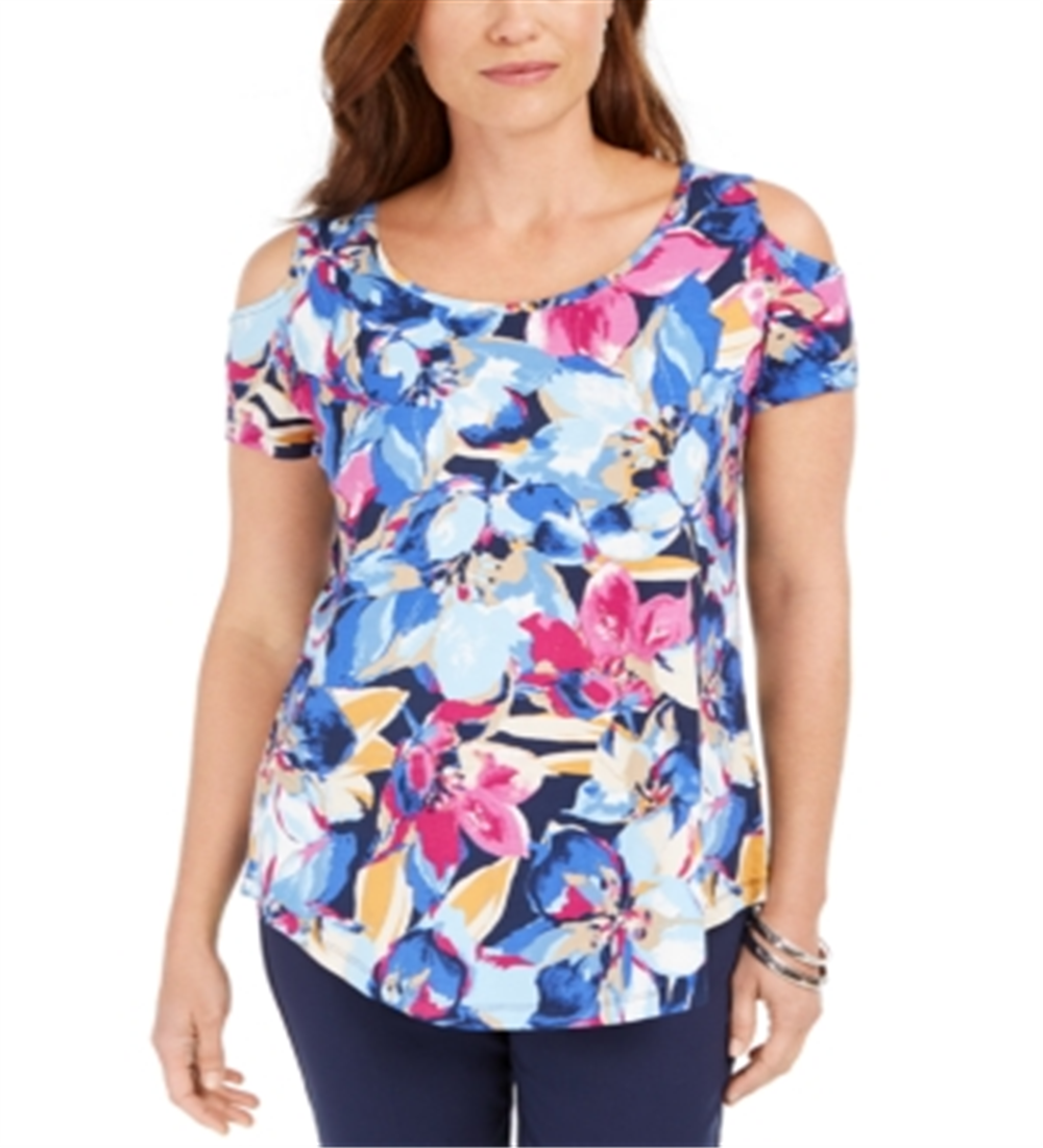 JM Collection Women's Printed Cold Shoulder Top Blue Size Small