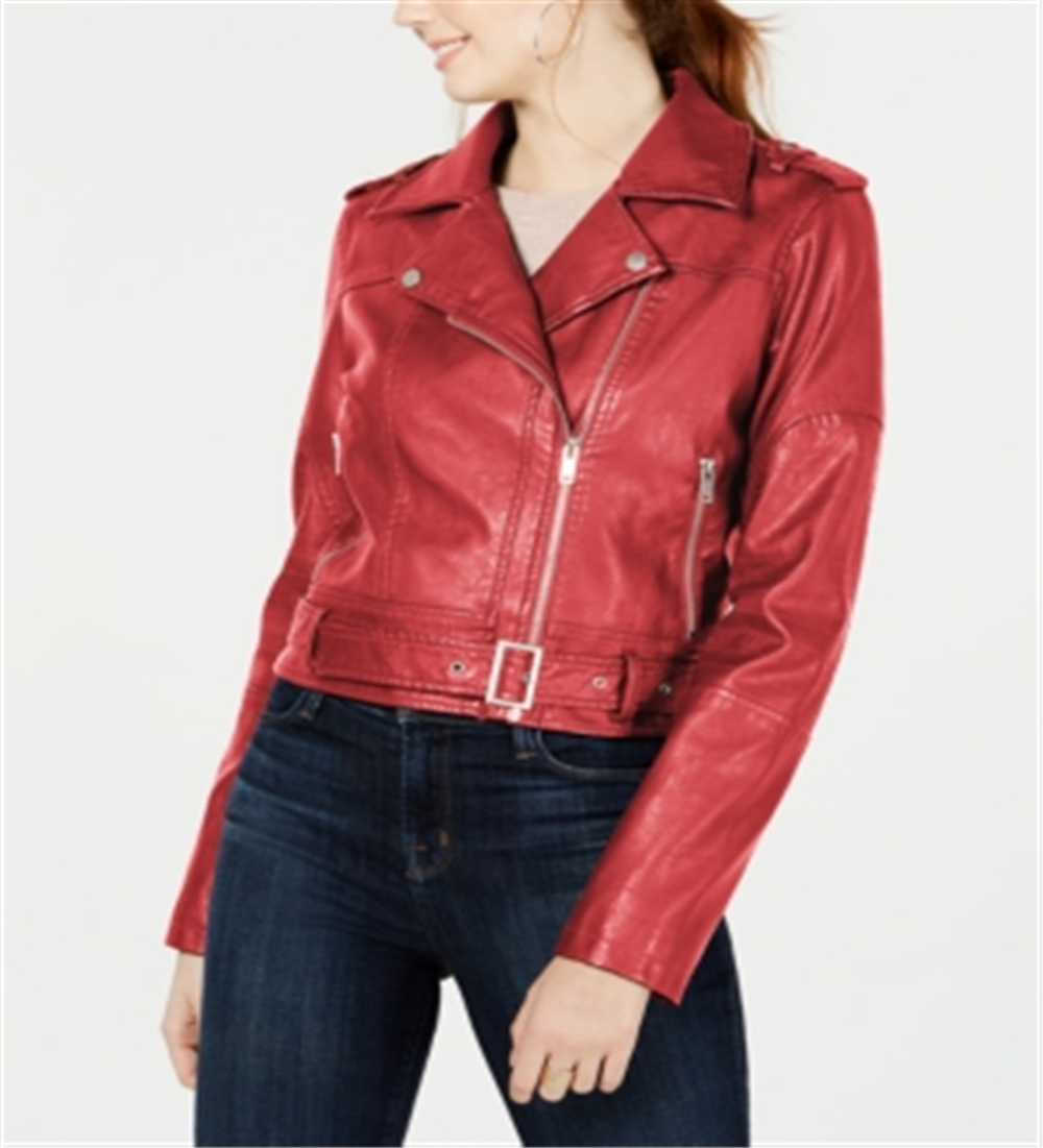 Collection B Junior's Faux Leather Belted Moto Jacket Red Size Small