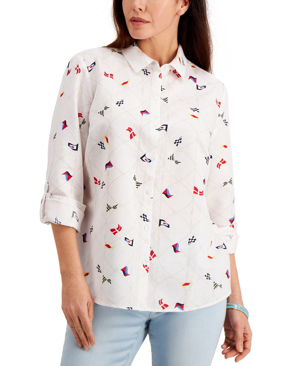 Charter Club Women's Button Front Flag Printed White Size X-Small