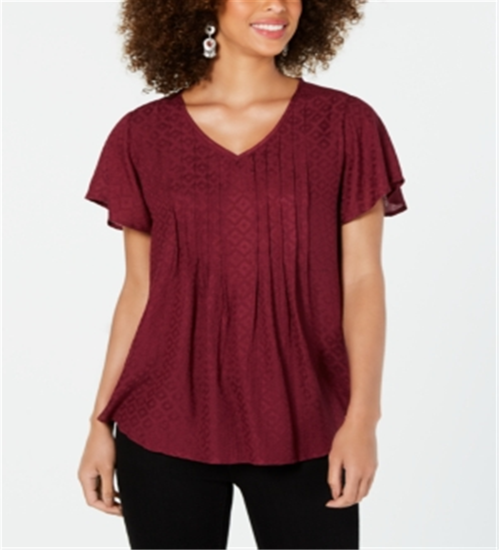 Style & Co Women's Textured Flutter Sleeve Top Winestone Size Petite S