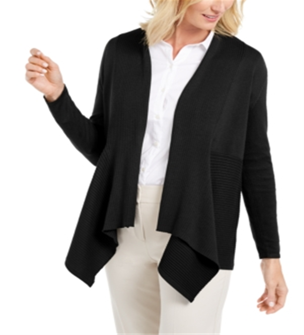 JM Collection Women's Mixed Ribbed Flyaway Cardigan Black Size Petite Small