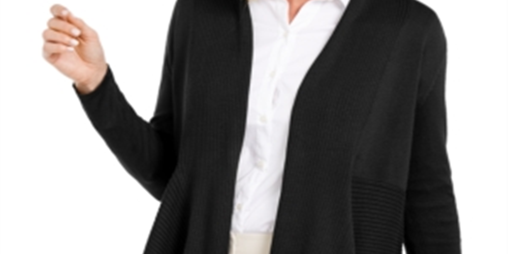 JM Collection Women's Mixed Ribbed Flyaway Cardigan Black Size Petite Small