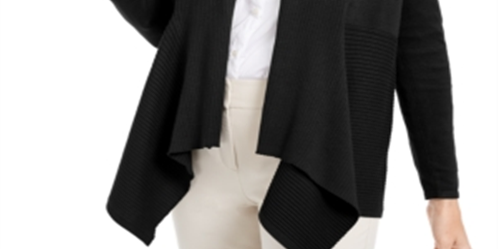 JM Collection Women's Mixed Ribbed Flyaway Cardigan Black Size Petite Small