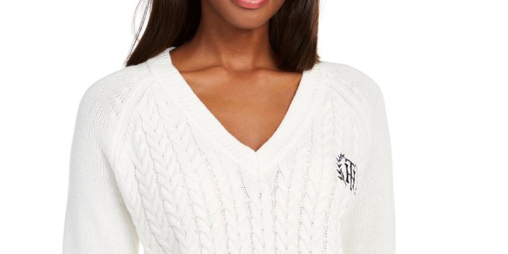 Tommy Hilfiger Women's Contrast Trim Embroidered Logo Pullover Sweater White Size X-Small