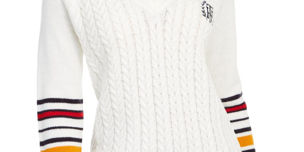 Tommy Hilfiger Women's Contrast Trim Embroidered Logo Pullover Sweater White Size X-Small