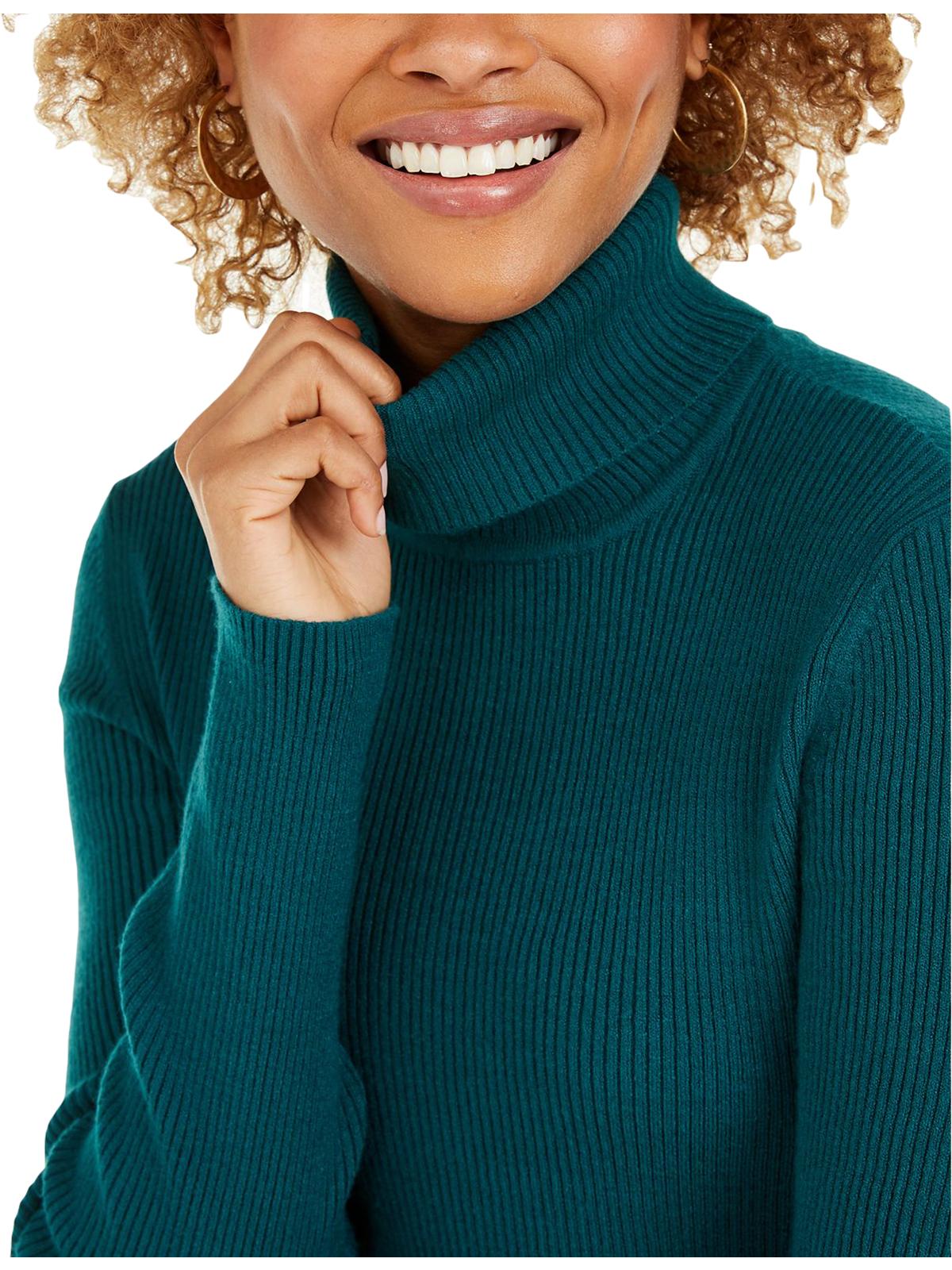 Style & Co Women's Striped Ribbed Turtleneck Top Green Size Small