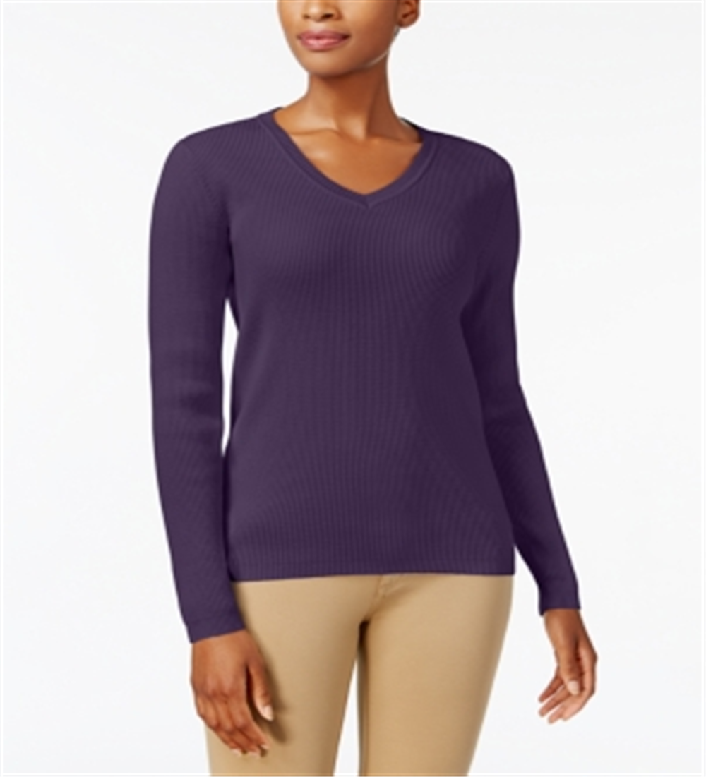 Karen Scott Women's Ribbed Knit Cotton Sweater Purple Size Petite Medium