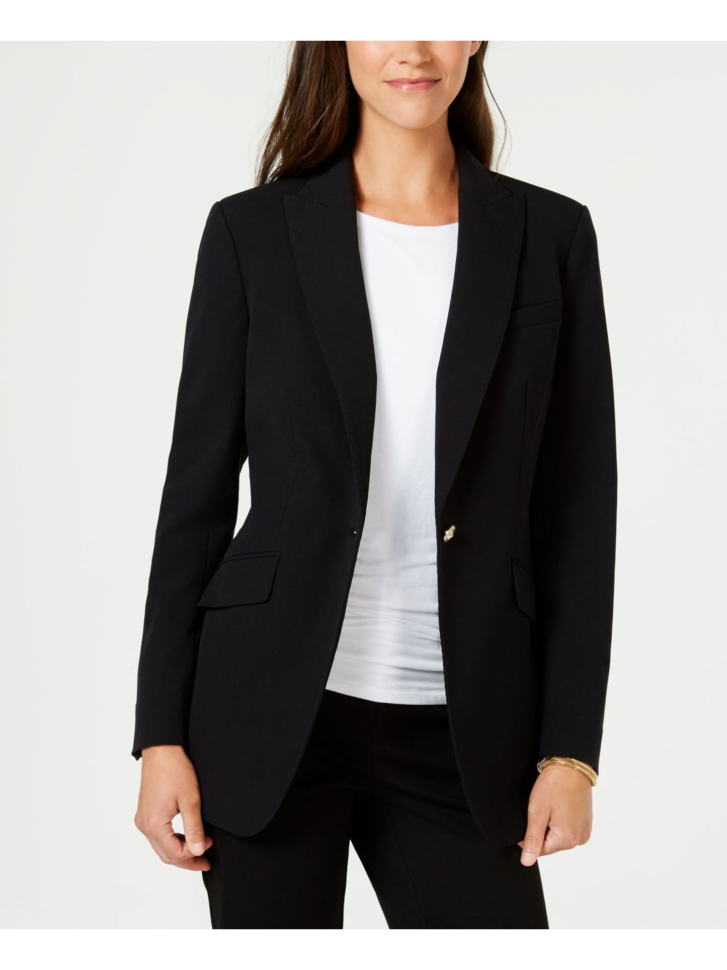 Anne Klein Women's Button Long Peak Lapel Jacket Black Size 14