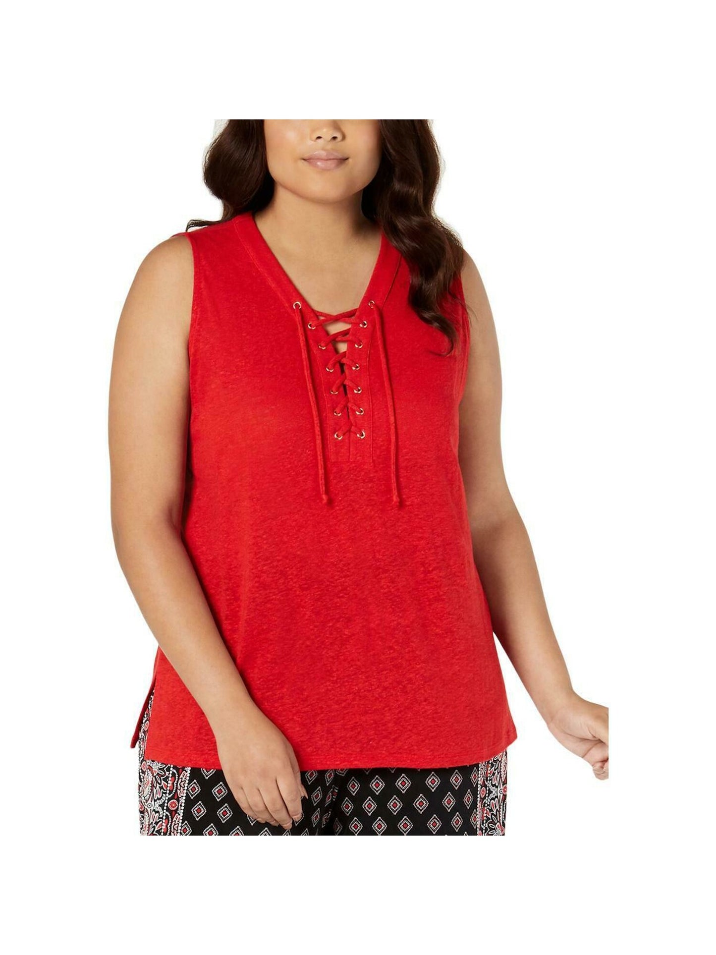 INC International Concepts Women's Lace up Sleeveless Scoop Neck Top Red Size Petite Medium