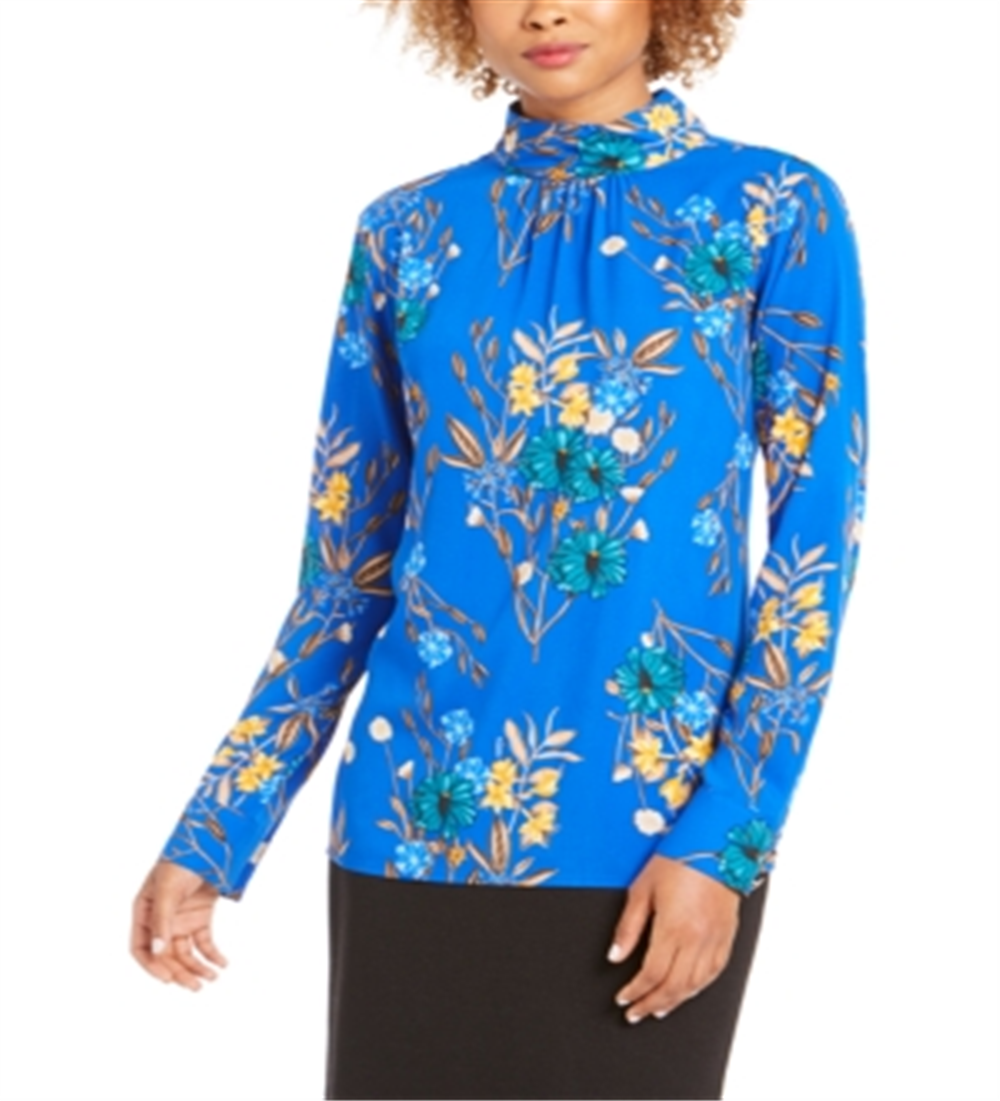 Calvin Klein Women's Floral Print Mock Neck Top Blue Size X-Small