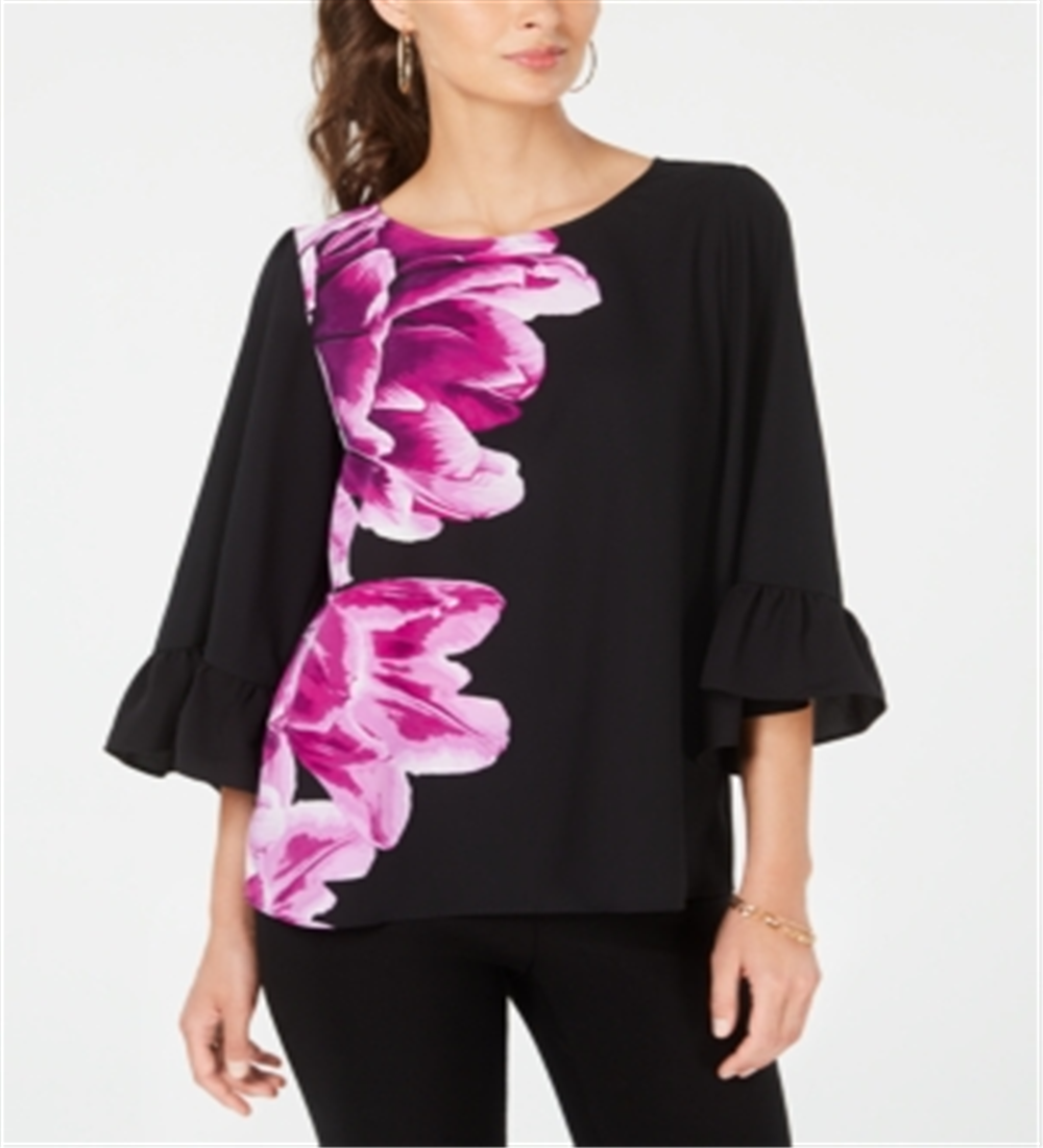 Alfani Women's Bell Sleeve Floral Print Top Purple Size Petite Large