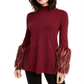 Alfani Women's Faux Fur Cuff Mock Neck Tunic Sweater Red Size Petite X-Small