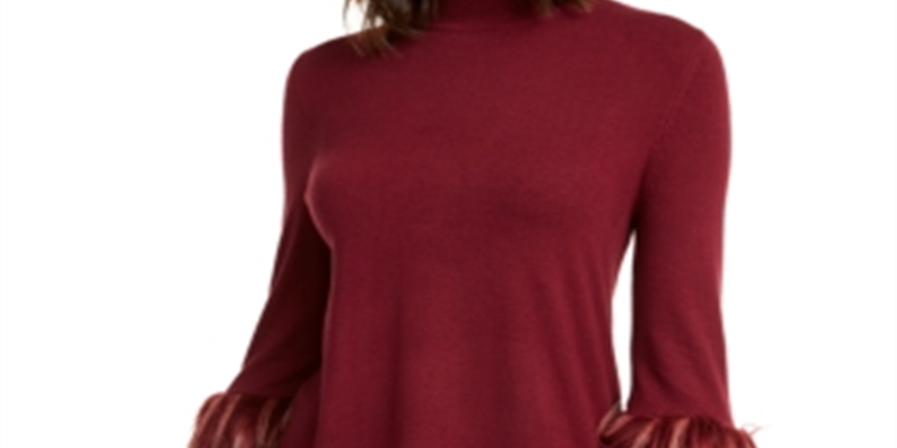 Alfani Women's Faux Fur Cuff Mock Neck Tunic Sweater Red Size Petite X-Small