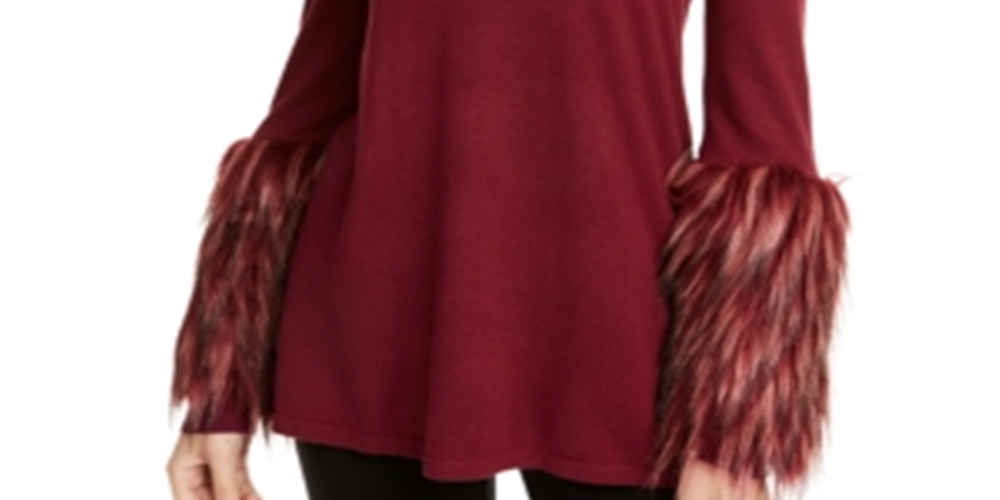 Alfani Women's Faux Fur Cuff Mock Neck Tunic Sweater Red Size Petite X-Small