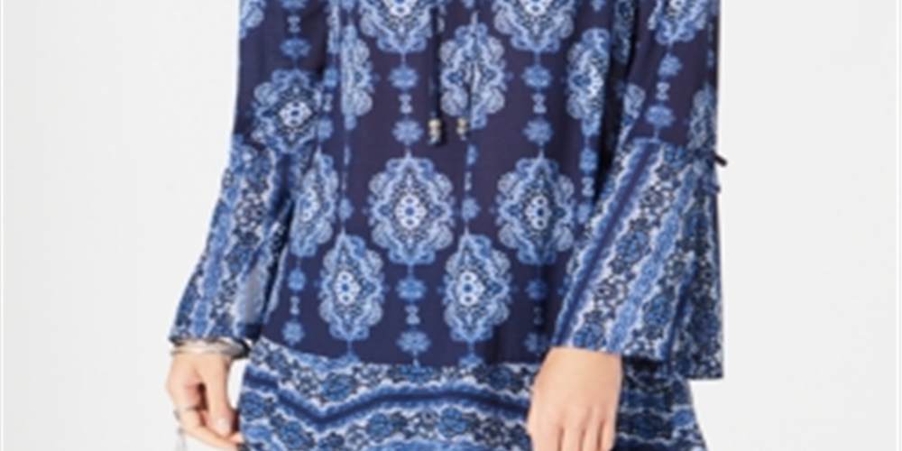 Style & Co Women's Printed Lace TrimBell Sleeve Tunic Top Blue Size X-Small