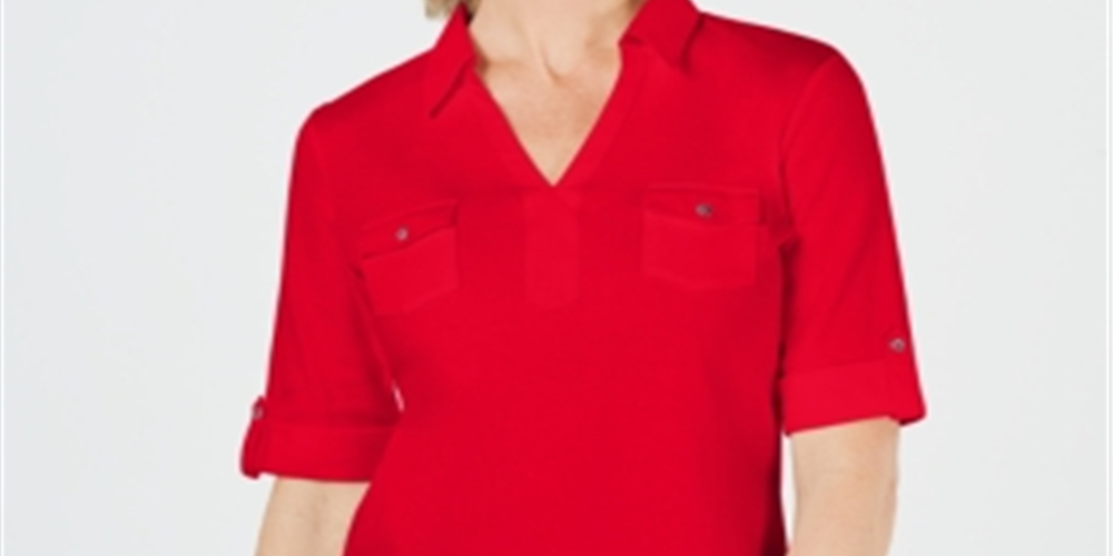 Karen Scott Women's Cotton Johnny Collar Top Red Size Large